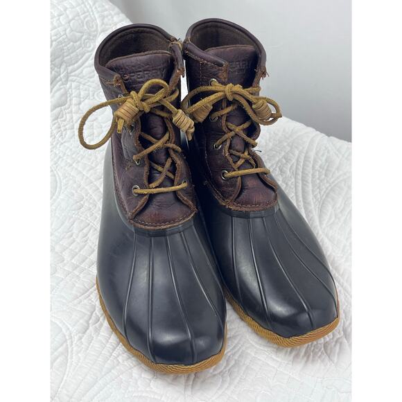 Sperry Womens Size 11 Brown/Black Saltwater Core Leather Boots Rain Snow Lace Up - Picture 1 of 10